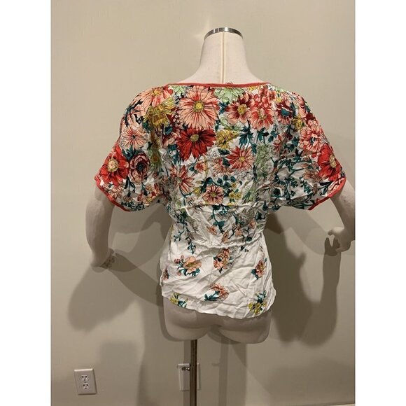 Anthropologie Floral Drawstring Tassel Waist Short Sleeve Top Blouse Floral XS - Picture 6 of 9